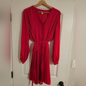 Red Button-Down Midi Dress with Tie Waist - Effortless Elegance